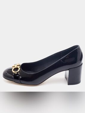 Salvatore Ferragamo Garda sz 6 c Patent Leather Black Block Heel Pumps Gold
